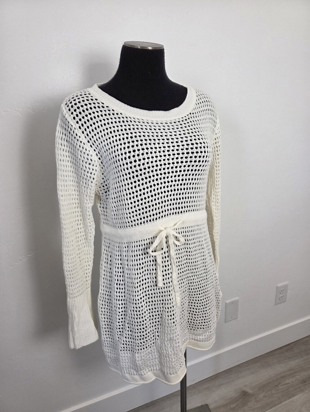 Ivory Cream Loose Knit Swim Cover Up Long Sleeve Sheer Cottagecore Beach Boho L